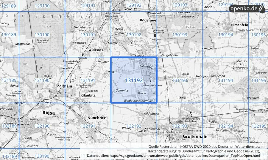 Übersichtskarte des KOSTRA-DWD-2020-Rasterfeldes Nr. 131192