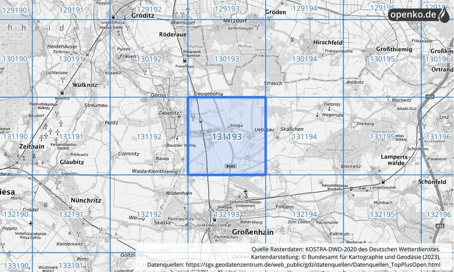 Übersichtskarte des KOSTRA-DWD-2020-Rasterfeldes Nr. 131193