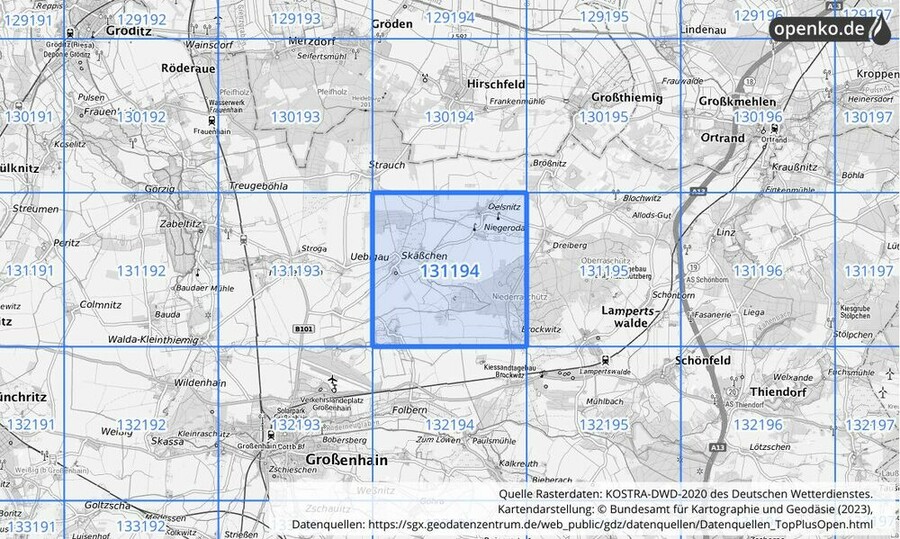 Übersichtskarte des KOSTRA-DWD-2020-Rasterfeldes Nr. 131194