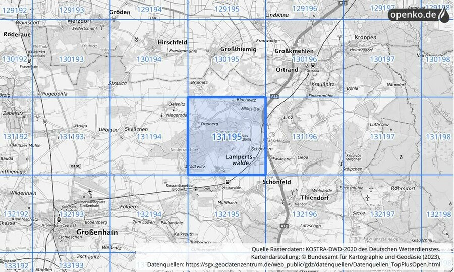 Übersichtskarte des KOSTRA-DWD-2020-Rasterfeldes Nr. 131195