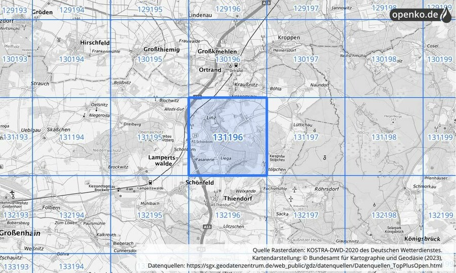 Übersichtskarte des KOSTRA-DWD-2020-Rasterfeldes Nr. 131196