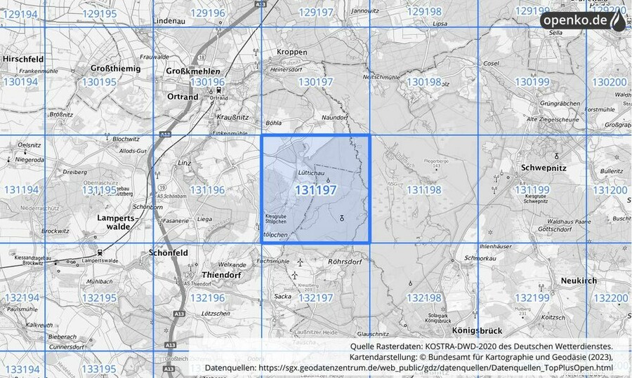 Übersichtskarte des KOSTRA-DWD-2020-Rasterfeldes Nr. 131197