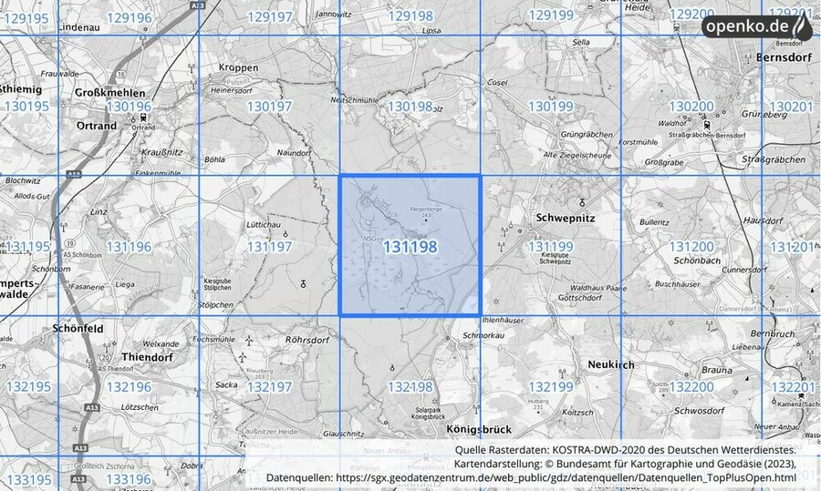 Übersichtskarte des KOSTRA-DWD-2020-Rasterfeldes Nr. 131198