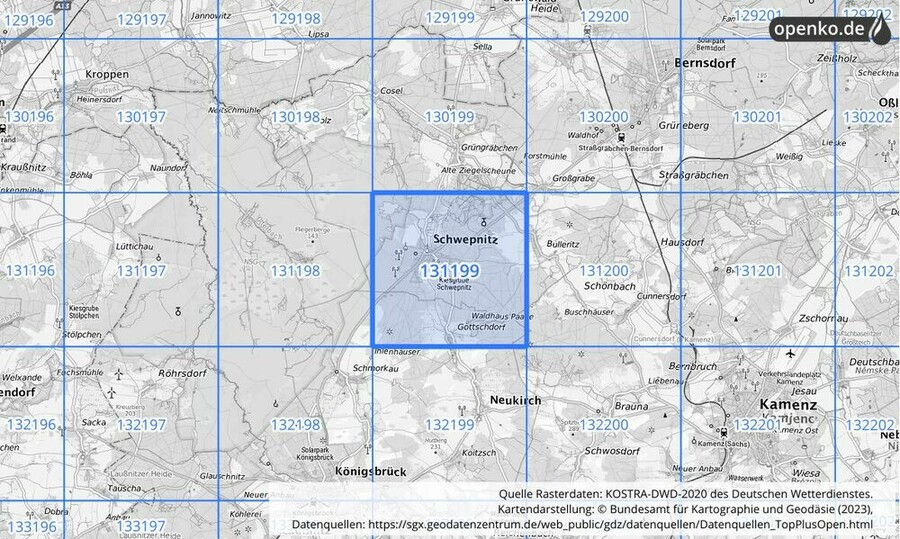 Übersichtskarte des KOSTRA-DWD-2020-Rasterfeldes Nr. 131199