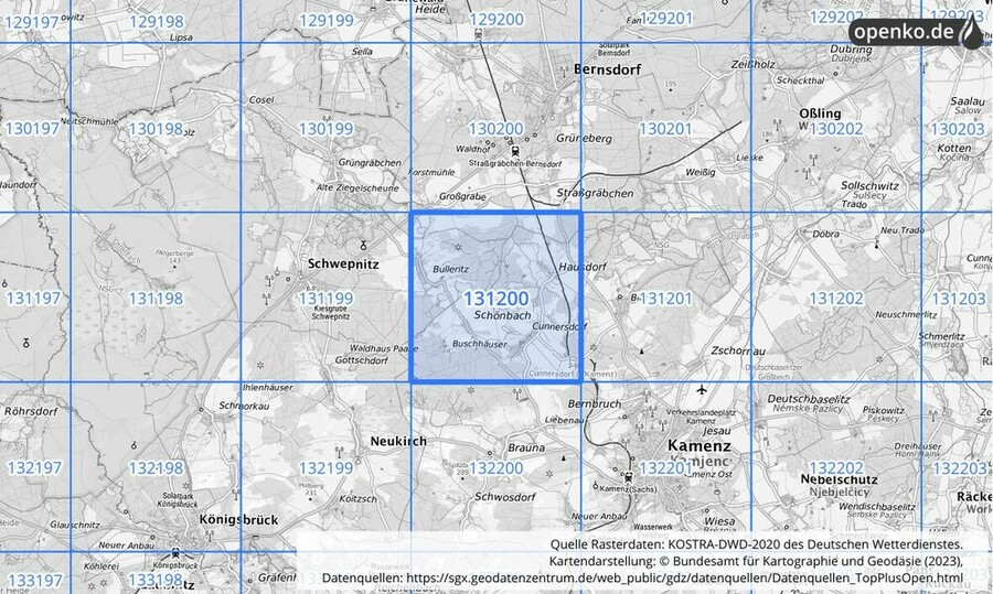 Übersichtskarte des KOSTRA-DWD-2020-Rasterfeldes Nr. 131200