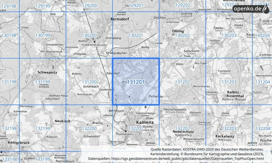 Übersichtskarte des KOSTRA-DWD-2020-Rasterfeldes Nr. 131201