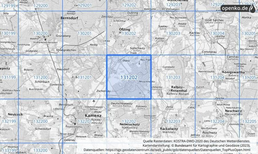 Übersichtskarte des KOSTRA-DWD-2020-Rasterfeldes Nr. 131202