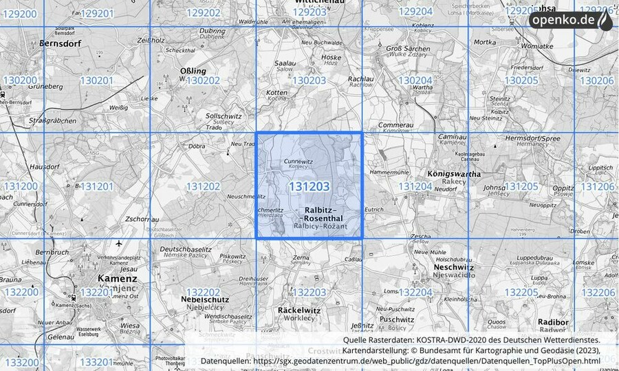 Übersichtskarte des KOSTRA-DWD-2020-Rasterfeldes Nr. 131203