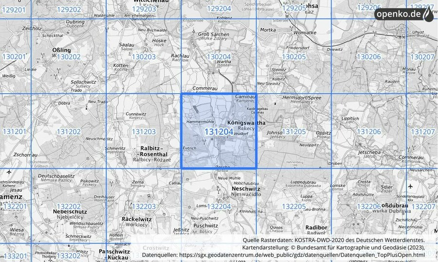 Übersichtskarte des KOSTRA-DWD-2020-Rasterfeldes Nr. 131204