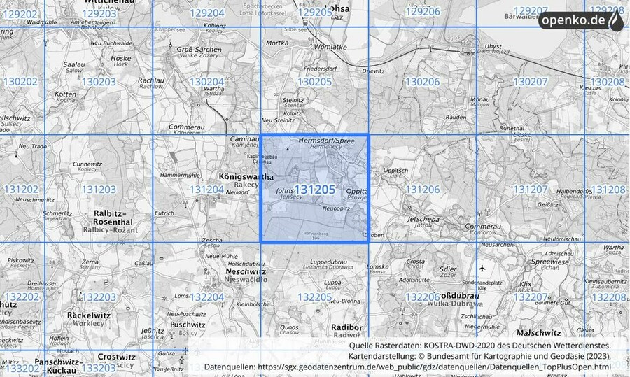 Übersichtskarte des KOSTRA-DWD-2020-Rasterfeldes Nr. 131205