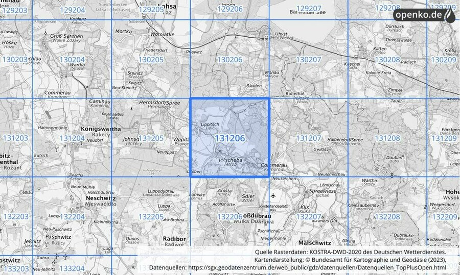 Übersichtskarte des KOSTRA-DWD-2020-Rasterfeldes Nr. 131206