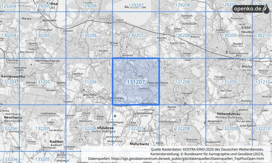 Übersichtskarte des KOSTRA-DWD-2020-Rasterfeldes Nr. 131207