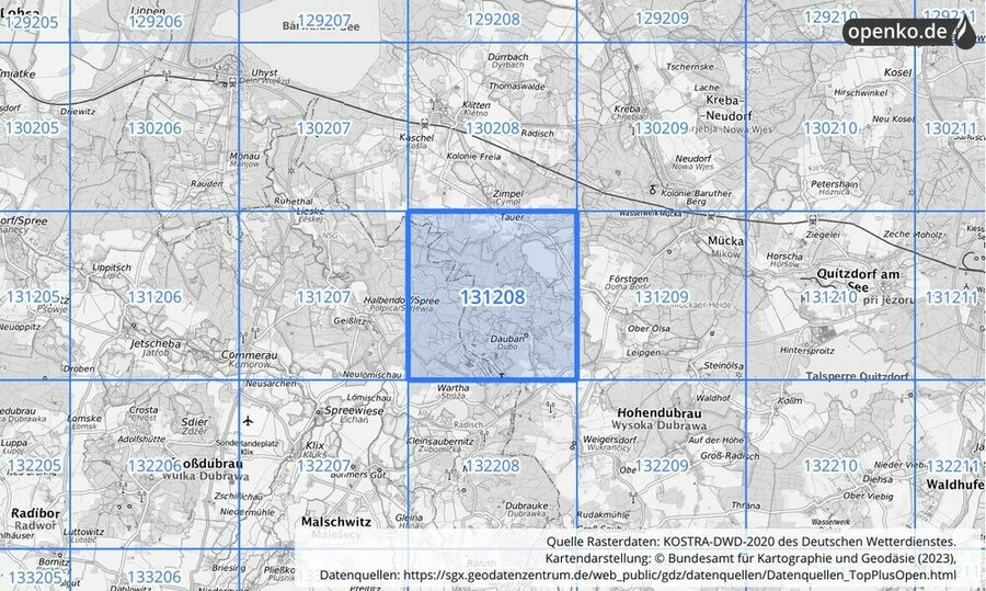 Übersichtskarte des KOSTRA-DWD-2020-Rasterfeldes Nr. 131208