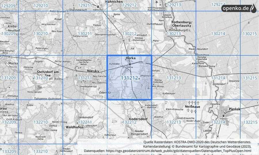 Übersichtskarte des KOSTRA-DWD-2020-Rasterfeldes Nr. 131212