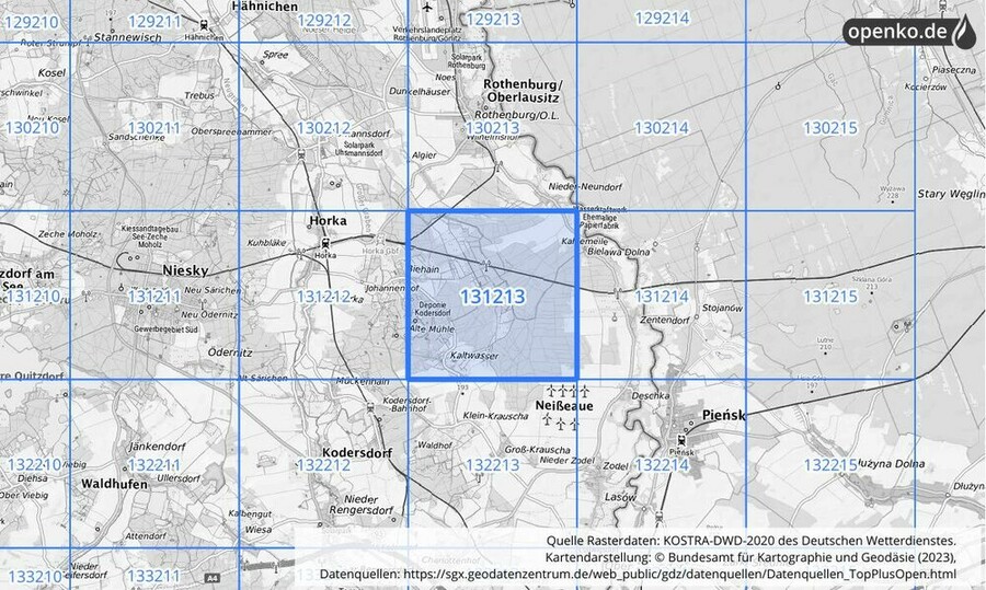 Übersichtskarte des KOSTRA-DWD-2020-Rasterfeldes Nr. 131213