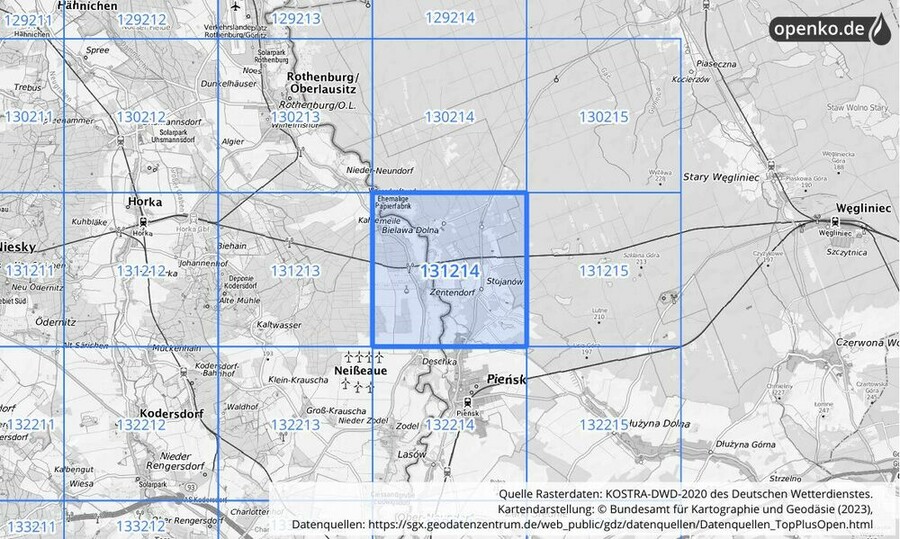 Übersichtskarte des KOSTRA-DWD-2020-Rasterfeldes Nr. 131214