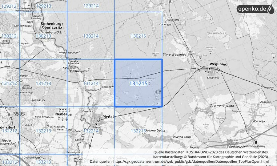 Übersichtskarte des KOSTRA-DWD-2020-Rasterfeldes Nr. 131215