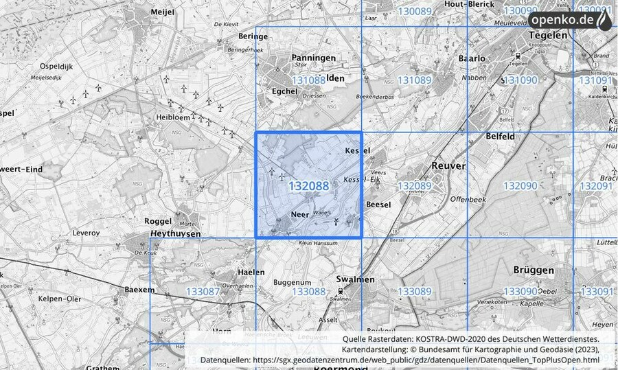 Übersichtskarte des KOSTRA-DWD-2020-Rasterfeldes Nr. 132088