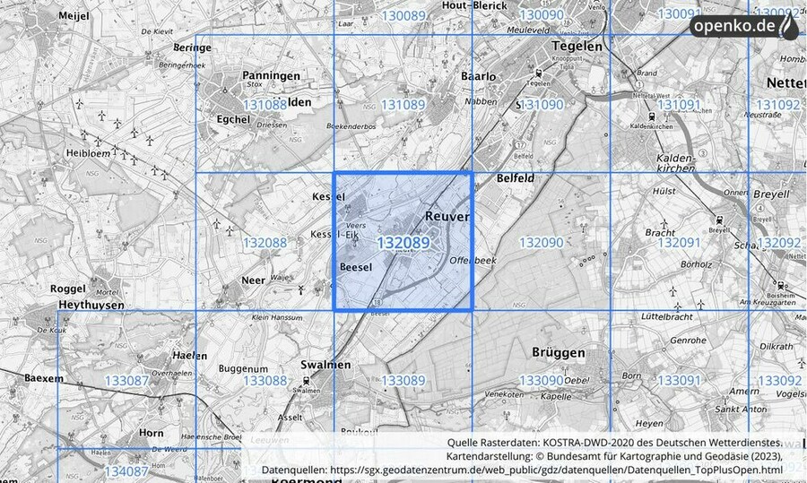 Übersichtskarte des KOSTRA-DWD-2020-Rasterfeldes Nr. 132089