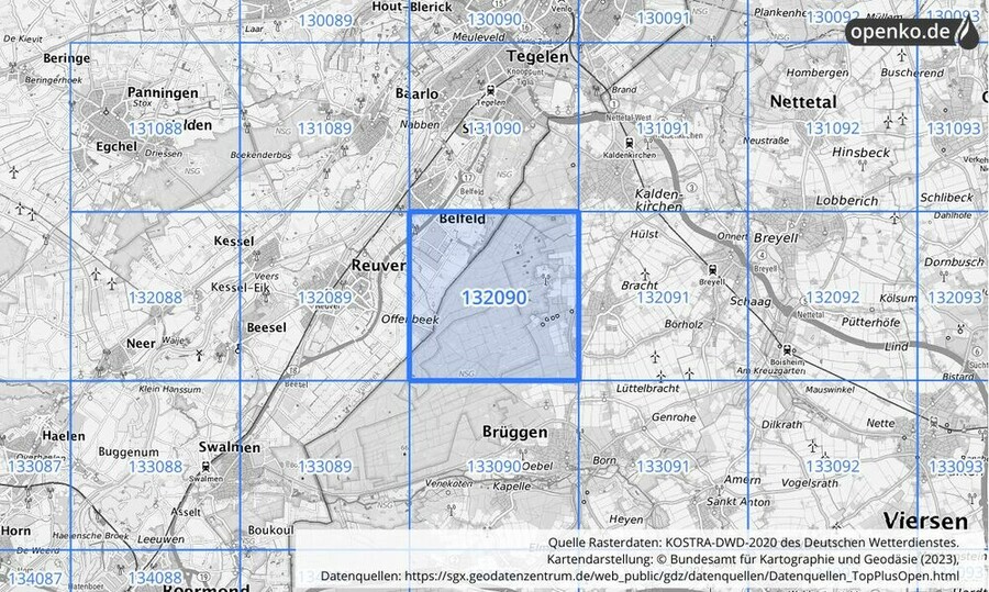 Übersichtskarte des KOSTRA-DWD-2020-Rasterfeldes Nr. 132090