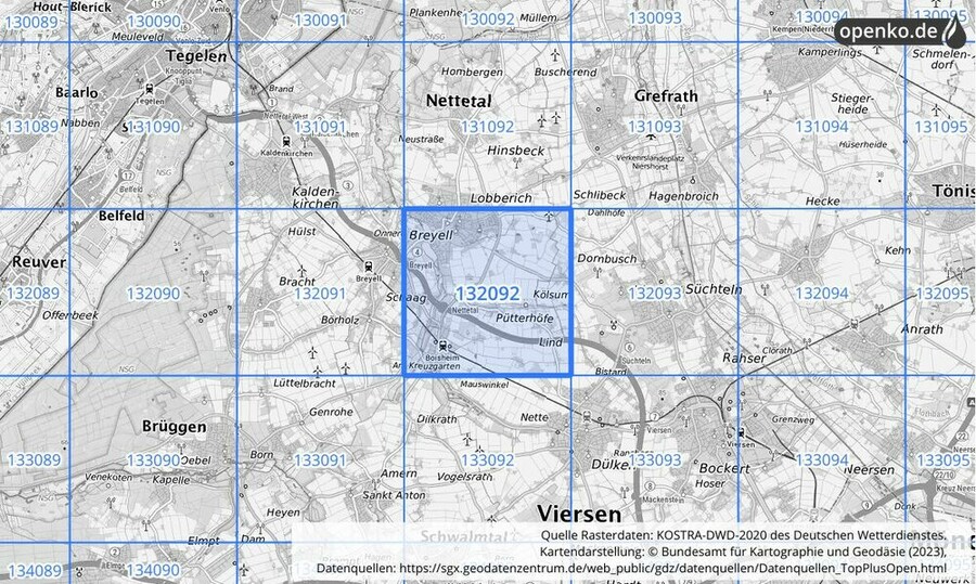 Übersichtskarte des KOSTRA-DWD-2020-Rasterfeldes Nr. 132092