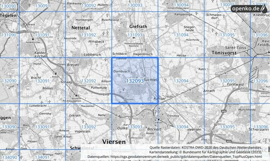 Übersichtskarte des KOSTRA-DWD-2020-Rasterfeldes Nr. 132093