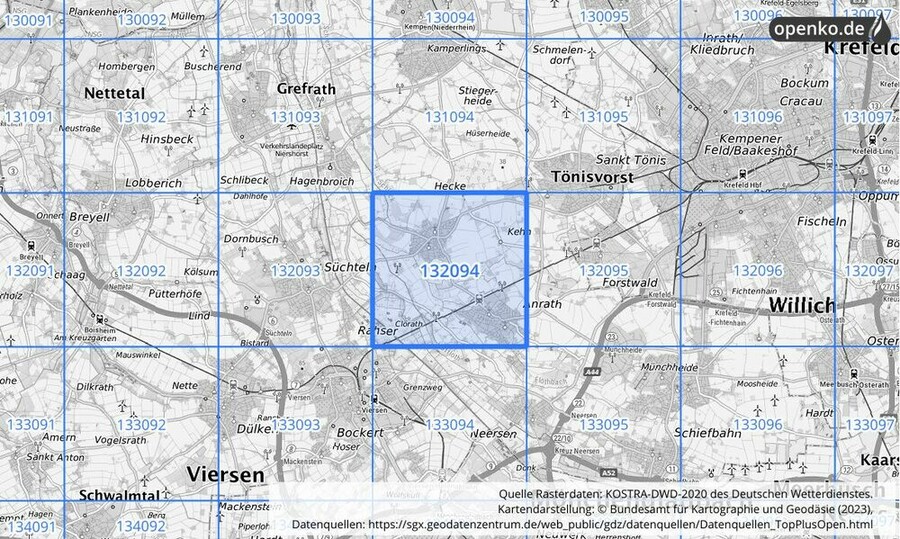 Übersichtskarte des KOSTRA-DWD-2020-Rasterfeldes Nr. 132094