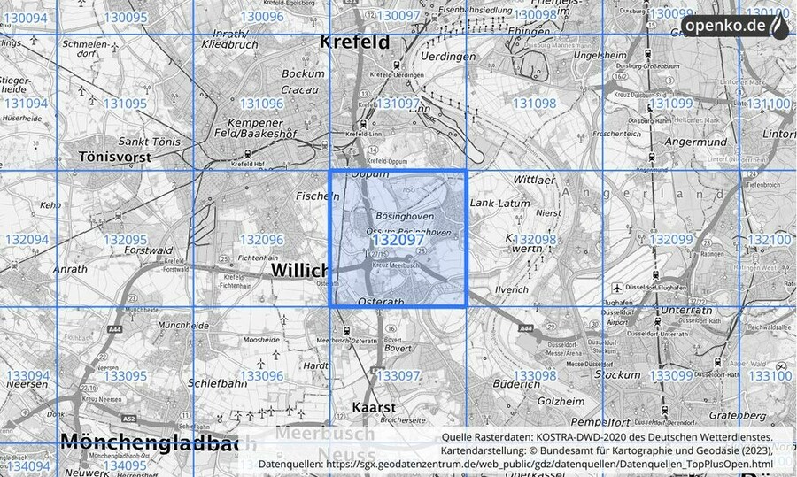 Übersichtskarte des KOSTRA-DWD-2020-Rasterfeldes Nr. 132097