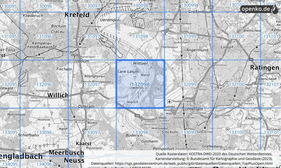 Übersichtskarte des KOSTRA-DWD-2020-Rasterfeldes Nr. 132098