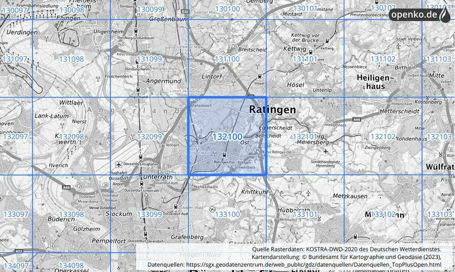 Übersichtskarte des KOSTRA-DWD-2020-Rasterfeldes Nr. 132100