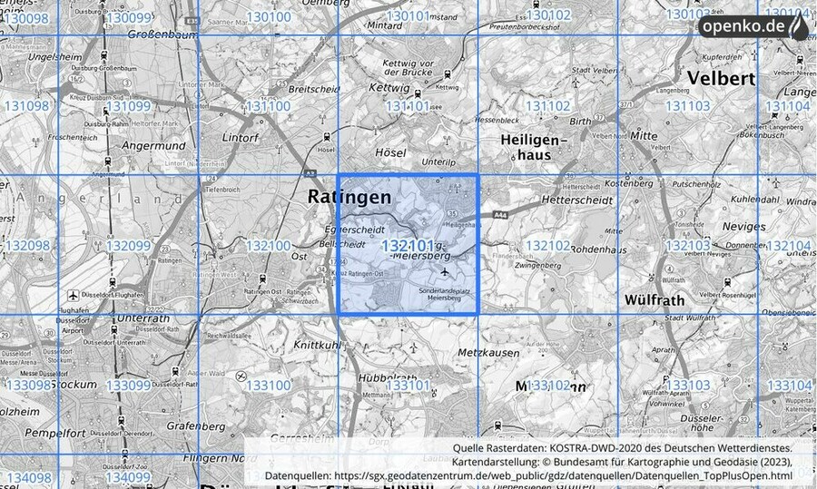 Übersichtskarte des KOSTRA-DWD-2020-Rasterfeldes Nr. 132101