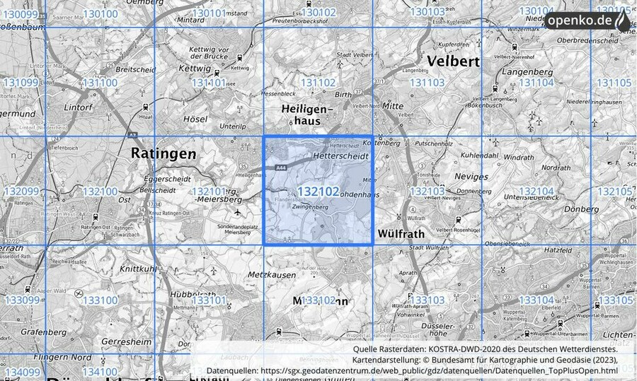 Übersichtskarte des KOSTRA-DWD-2020-Rasterfeldes Nr. 132102