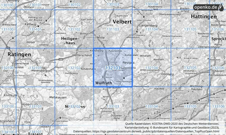 Übersichtskarte des KOSTRA-DWD-2020-Rasterfeldes Nr. 132103