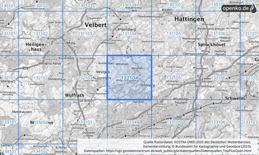 Übersichtskarte des KOSTRA-DWD-2020-Rasterfeldes Nr. 132104