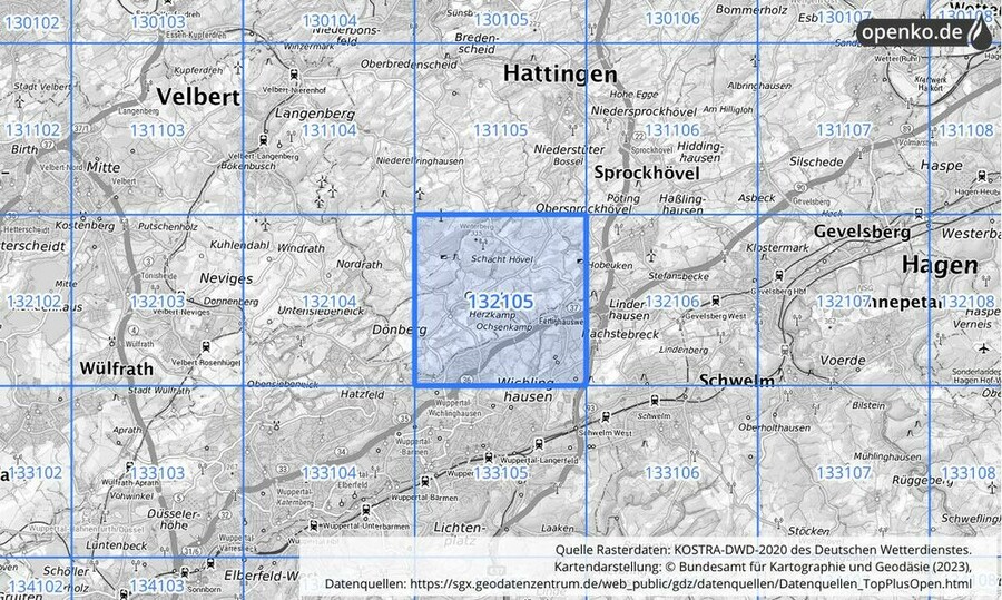 Übersichtskarte des KOSTRA-DWD-2020-Rasterfeldes Nr. 132105