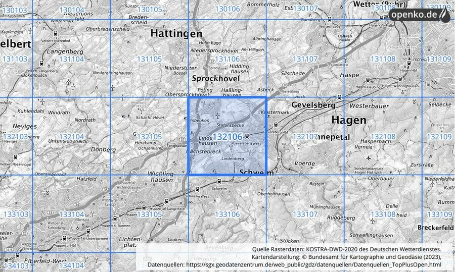 Übersichtskarte des KOSTRA-DWD-2020-Rasterfeldes Nr. 132106