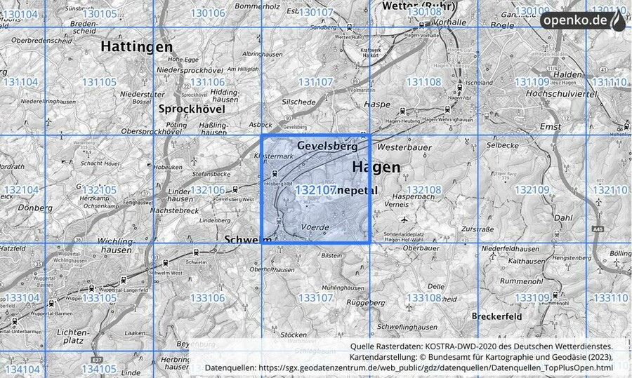 Übersichtskarte des KOSTRA-DWD-2020-Rasterfeldes Nr. 132107