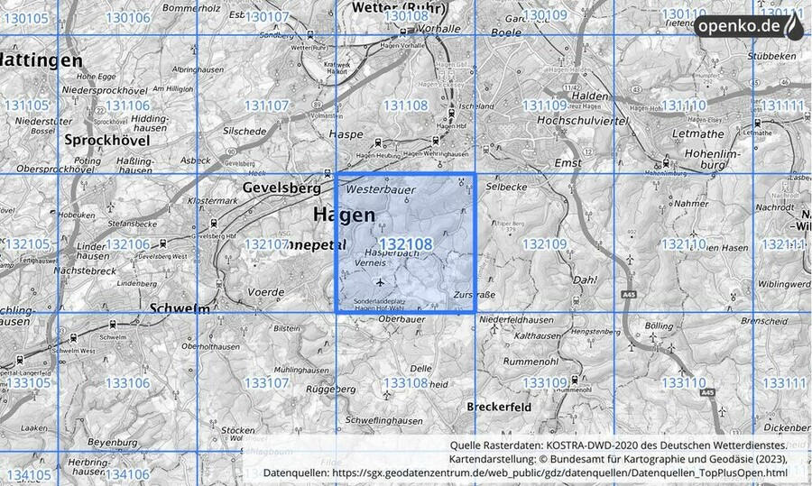 Übersichtskarte des KOSTRA-DWD-2020-Rasterfeldes Nr. 132108