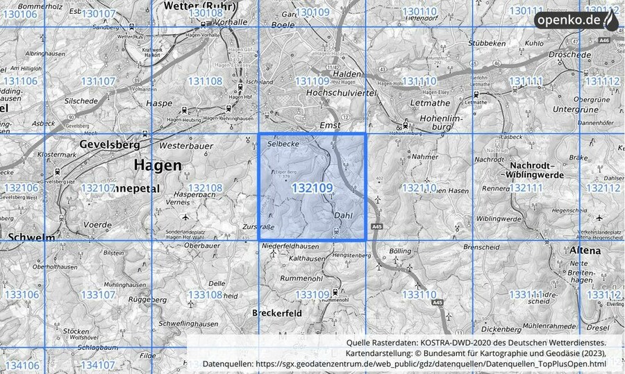 Übersichtskarte des KOSTRA-DWD-2020-Rasterfeldes Nr. 132109