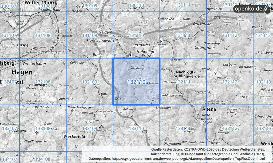 Übersichtskarte des KOSTRA-DWD-2020-Rasterfeldes Nr. 132110