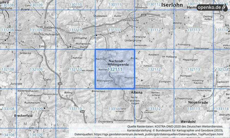 Übersichtskarte des KOSTRA-DWD-2020-Rasterfeldes Nr. 132111