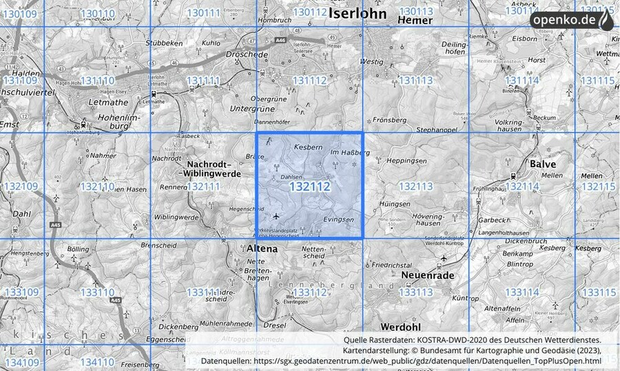 Übersichtskarte des KOSTRA-DWD-2020-Rasterfeldes Nr. 132112