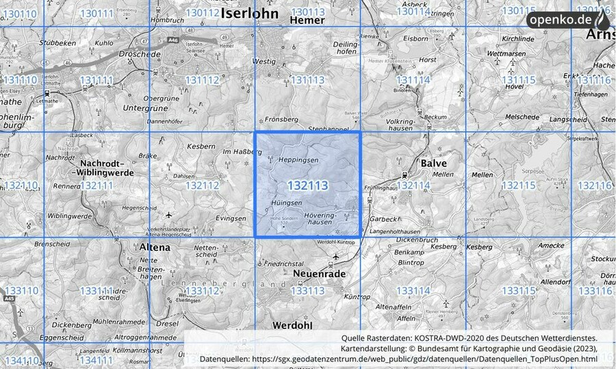 Übersichtskarte des KOSTRA-DWD-2020-Rasterfeldes Nr. 132113