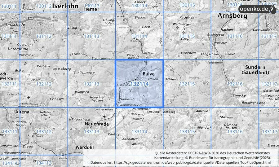 Übersichtskarte des KOSTRA-DWD-2020-Rasterfeldes Nr. 132114