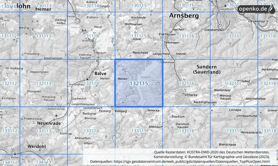 Übersichtskarte des KOSTRA-DWD-2020-Rasterfeldes Nr. 132115