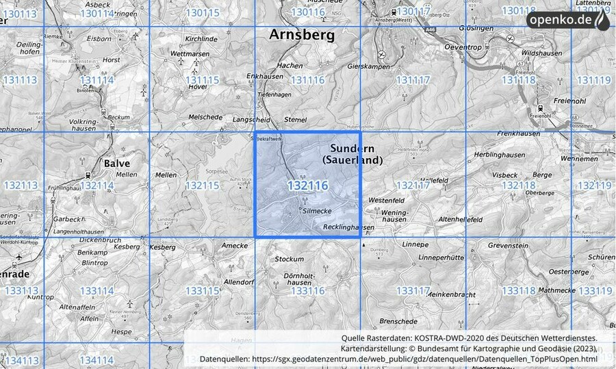 Übersichtskarte des KOSTRA-DWD-2020-Rasterfeldes Nr. 132116