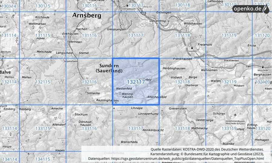 Übersichtskarte des KOSTRA-DWD-2020-Rasterfeldes Nr. 132117