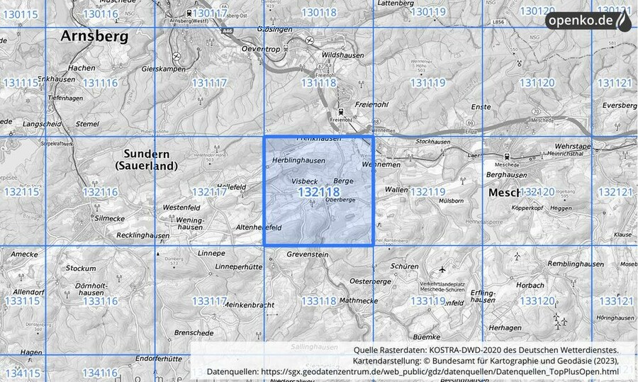 Übersichtskarte des KOSTRA-DWD-2020-Rasterfeldes Nr. 132118