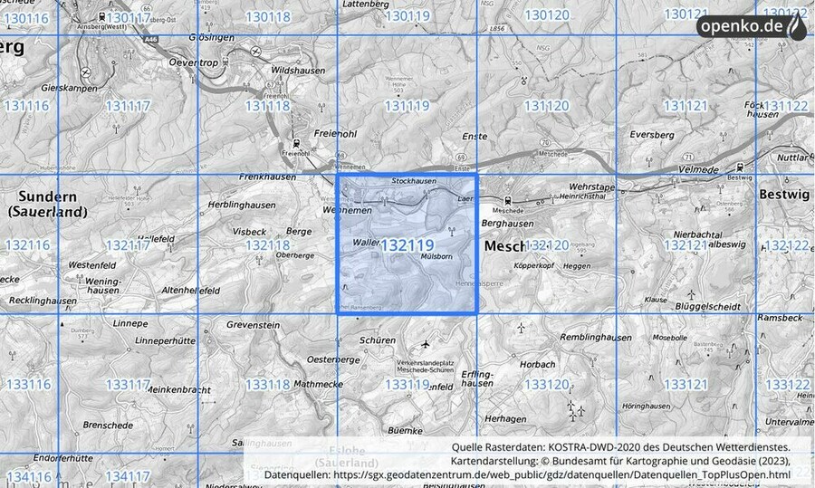 Übersichtskarte des KOSTRA-DWD-2020-Rasterfeldes Nr. 132119