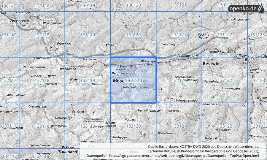 Übersichtskarte des KOSTRA-DWD-2020-Rasterfeldes Nr. 132120